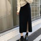 Knit Slit Midi A-line Skirt Black - One Size