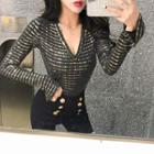 Sequined V-neck Long-sleeve Top