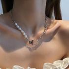 Beaded Chain Necklace White Faux Pearl - Silver - One Size