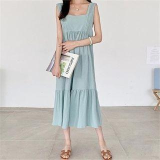 Square-neck Sleeveless Pintuck-detail Dress