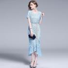 Short-sleeve Ruffle Hem Midi Lace Sheath Dress