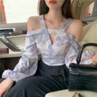 Floral Print Cold-shoulder Balloon-sleeve Blouse