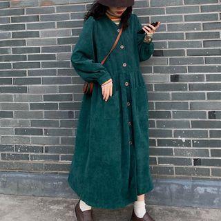 Long-sleeve Maxi A-line Corduroy Dress Green - One Size