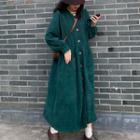Long-sleeve Maxi A-line Corduroy Dress Green - One Size