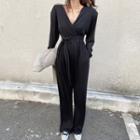 Long-sleeve V-neck Tie-waist Jumpsuit
