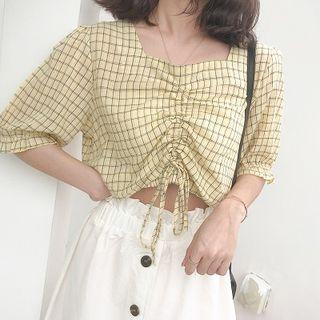 Plaid Elbow-sleeve Drawstring Blouse