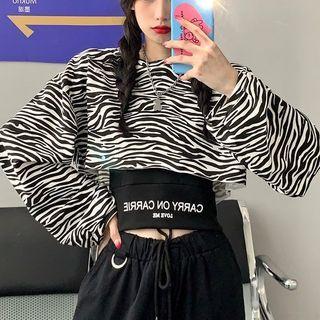 Set: Lettering Camisole + Long-sleeve Zebra Print T-shirt Camisole - Black - One Size / Zebra Print T-shirt - Black & White - One Size