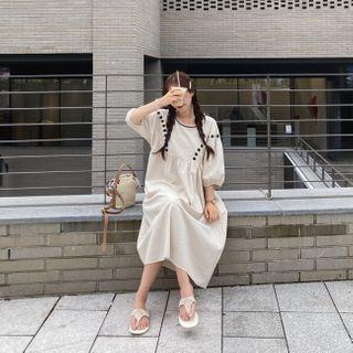 Embroidered Loose-fit Dress Beige - One Size