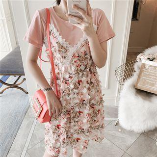 Set: Crew-neck Short-sleeve T-shirt Dress + Flower Print Spaghetti Strap Dress