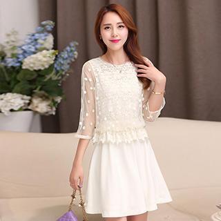 3/4-sleeve Lace-panel Tie-back Dress