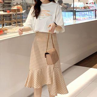 Set: Lettering Elbow-sleeve T-shirt + Ruffle Hem Check Midi Skirt