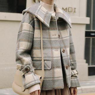 Plaid Buttoned Jacket Plaid - Grayish Blue - One Size