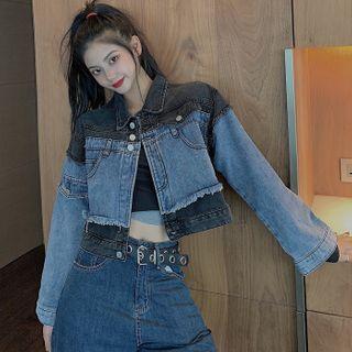 Color Block Frayed Denim Jacket