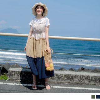 Sleeveless Color Block Frill Trim A-line Dress