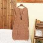 Long-sleeve Knit Pocketed Dress Tangerine - One Size