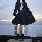 Set: Long-sleeve Collared A-line Dress + Butterfly Embroidered Neck Tie
