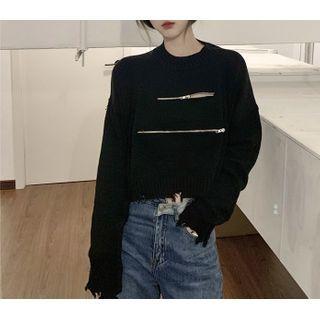 Zip Distressed Cropped Sweater Black - One Size
