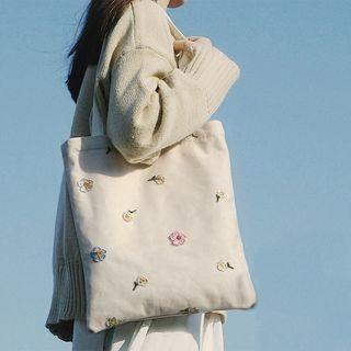 Embroidered Flower Canvas Shopper Bag