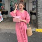 Lantern-sleeve Ruffle Trim Midi A-line Dress Pink - One Size