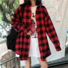 Plaid Long-sleeve Loose-fit Shirt Red - One Size