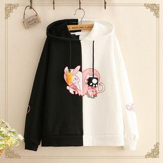 Rabbit & Cat Print Color-block Fleece-lined Hoodie
