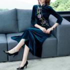 Flower Embroidered 3/4-sleeve Midi Velvet Sheath Dress