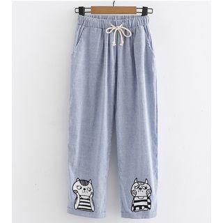 Cat Embroidery Striped Cropped Pants