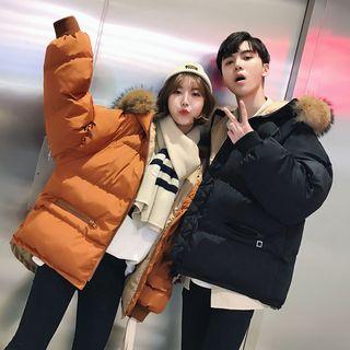Couple Matching Faux-fur Trim Hooded Padded Coat