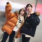Couple Matching Faux-fur Trim Hooded Padded Coat