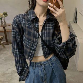 Long-sleeve Plaid Crop Shirt Navy Blue - One Size