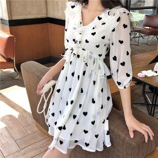 Elbow-sleeve Ruffle Trim Chiffon Dress