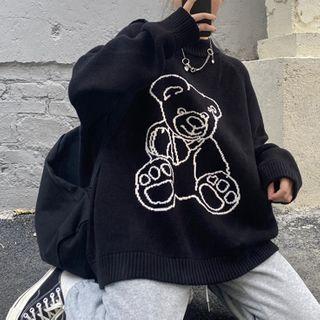 Raglan Sleeve Cartoon Bear Crewneck Sweater