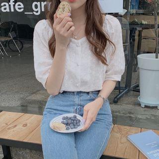 Elbow Sleeve Button-up Eyelet Lace Blouse