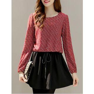 Panel Drawstring Waist Long-sleeve Dress
