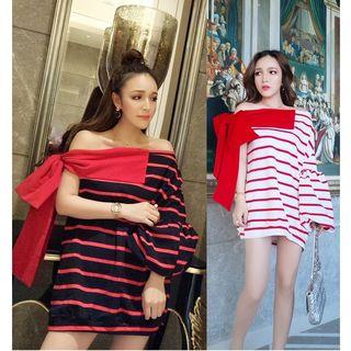Asymmetric Sleeve Striped Mini Dress