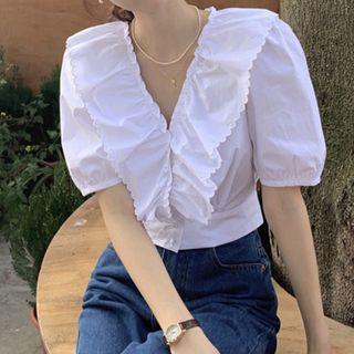 Short-sleeve Ruffled Blouse Off-white - One Size