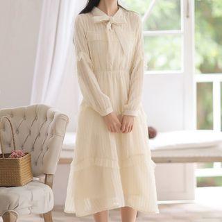 Tie-neck Balloon-sleeve Fringed Midi A-line Dress