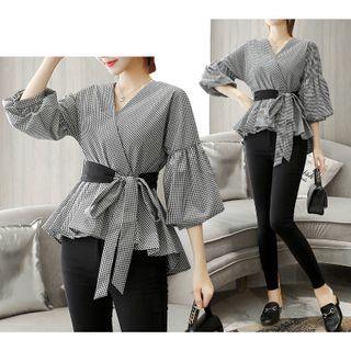 Plaid Puff-sleeve Peplum Blouse