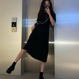 Short-sleeve Lace Trim Buttoned A-line Midi Dress