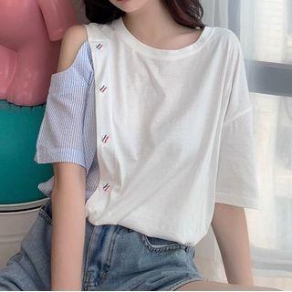 Short-sleeve Cold Shoulder Striped Panel T-shirt