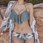 Set: Leaf Print Ruffled Bikini + Cover-up Top