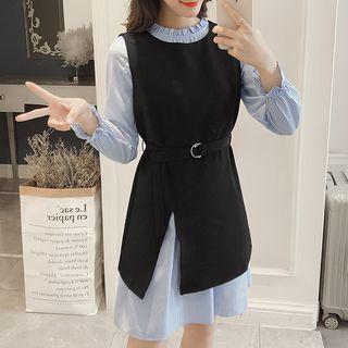 Set: Long Vest + Long-sleeve Striped Dress