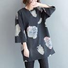 3/4-sleeve Floral Print Long T-shirt