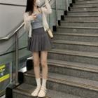 Plain Cardigan / Lace Trim Halter Top / Mini Pleated Skirt