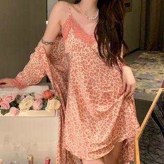 Spaghetti Strap Lace Trim Leopard Print Mini A-line Dress / Light Jacket