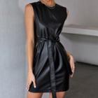 Sleeveless Tie-waist Faux Leather Mini Sheath Dress