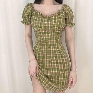 Ruffle Trim Plaid Puff-sleeve Mini Sheath Dress