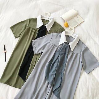 Tie Neck Short-sleeve Collared Dress