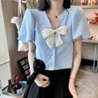 Short-sleeve Bow Accent Blouse White & Light Blue - One Size