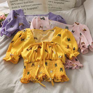 Butterfly-print Smocked Crop Top